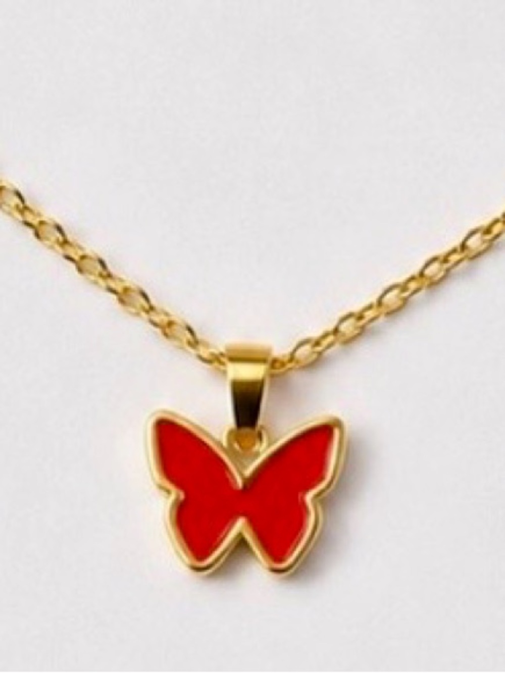 Red Butterfly Pendant Necklace Gold Tone Stainless Steel Dainty NWT
